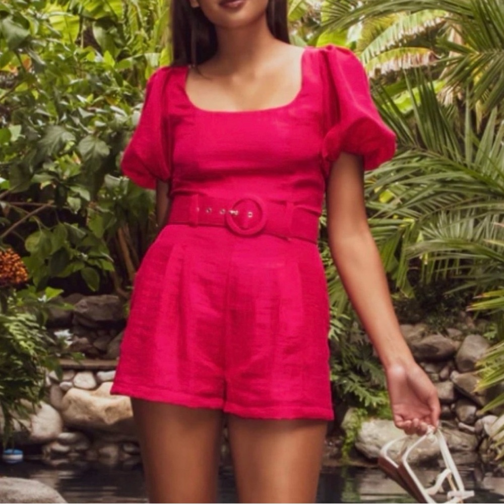 Square-Neck Belted Pink Romper